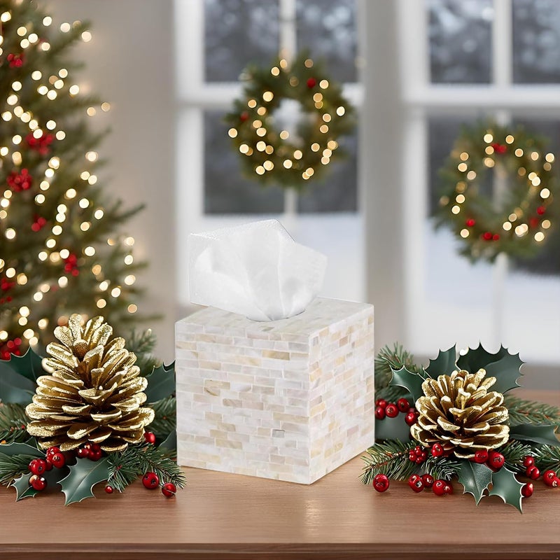 PEMAR 5.9″ Handmade Mother of Pearl Tissue Box Cover – Acacia Wood Cube, 5.35″ Interior Fits 5″ Square Boxes, Sliding Bottom, Lacquer Rustic Farmhouse Decor (Milano) - Image 4